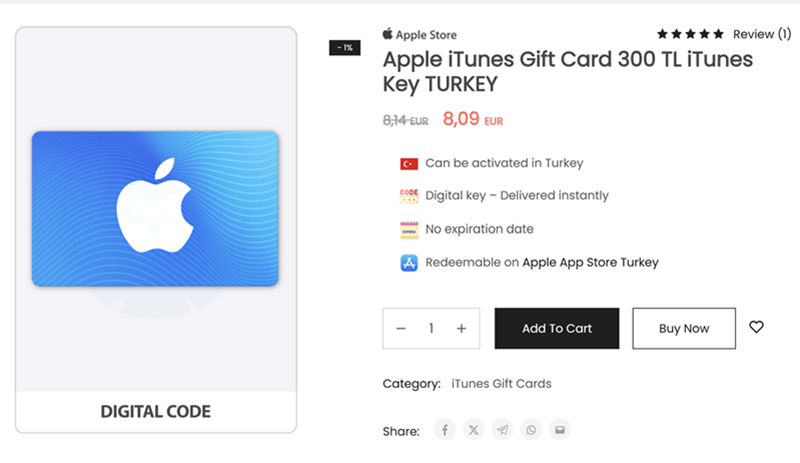 購買土耳其幣值的 iTunes 禮品卡