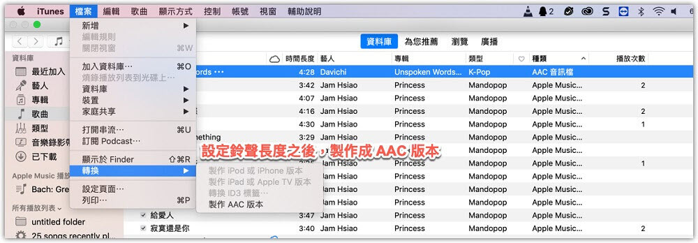 製作 Apple Music 歌曲為 AAC 檔案