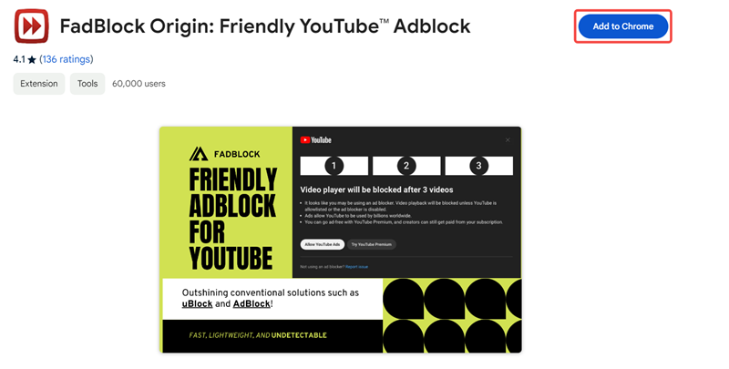 安裝 FadBlock 外掛擋 YouTube 廣告